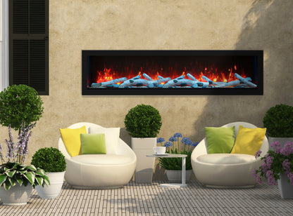 Deep Indoor or Outdoor Built-In Electric Fireplaces with Black Steel Surround