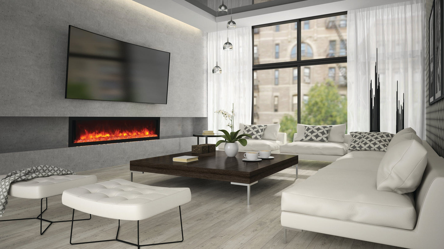 Deep Indoor or Outdoor Built-In Electric Fireplaces with Black Steel Surround