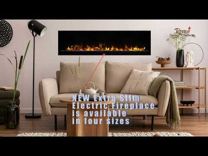 Extra Slim Indoor or Outdoor Built In Electric Fireplace with Black Steel Surround